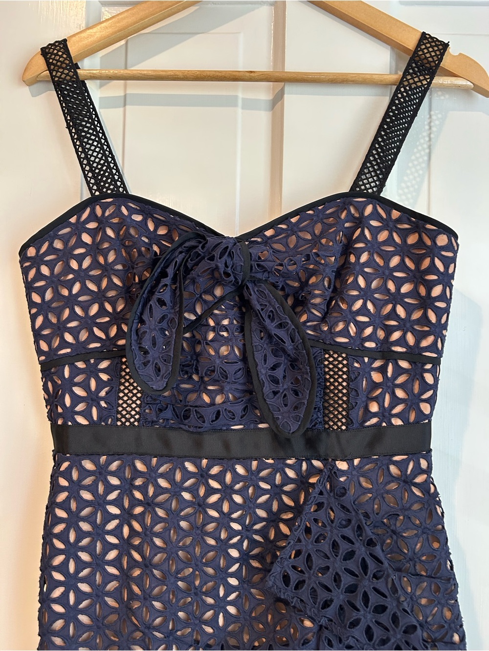 Self-Portrait Navy Eyelet Tie-Front  mini dress.